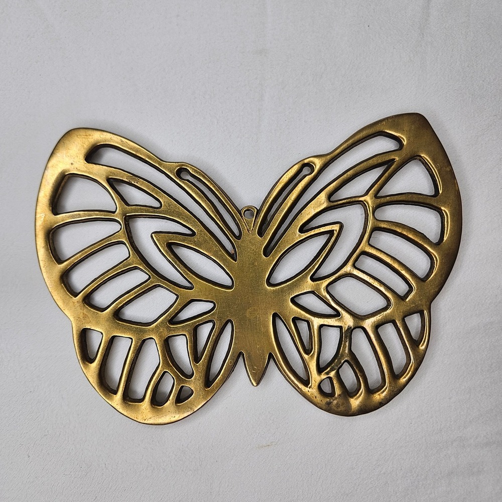 Vtg Crowning Touch Brass Butterfly Hot Pot Plate Trivet Wall Decor Footed Taiwan